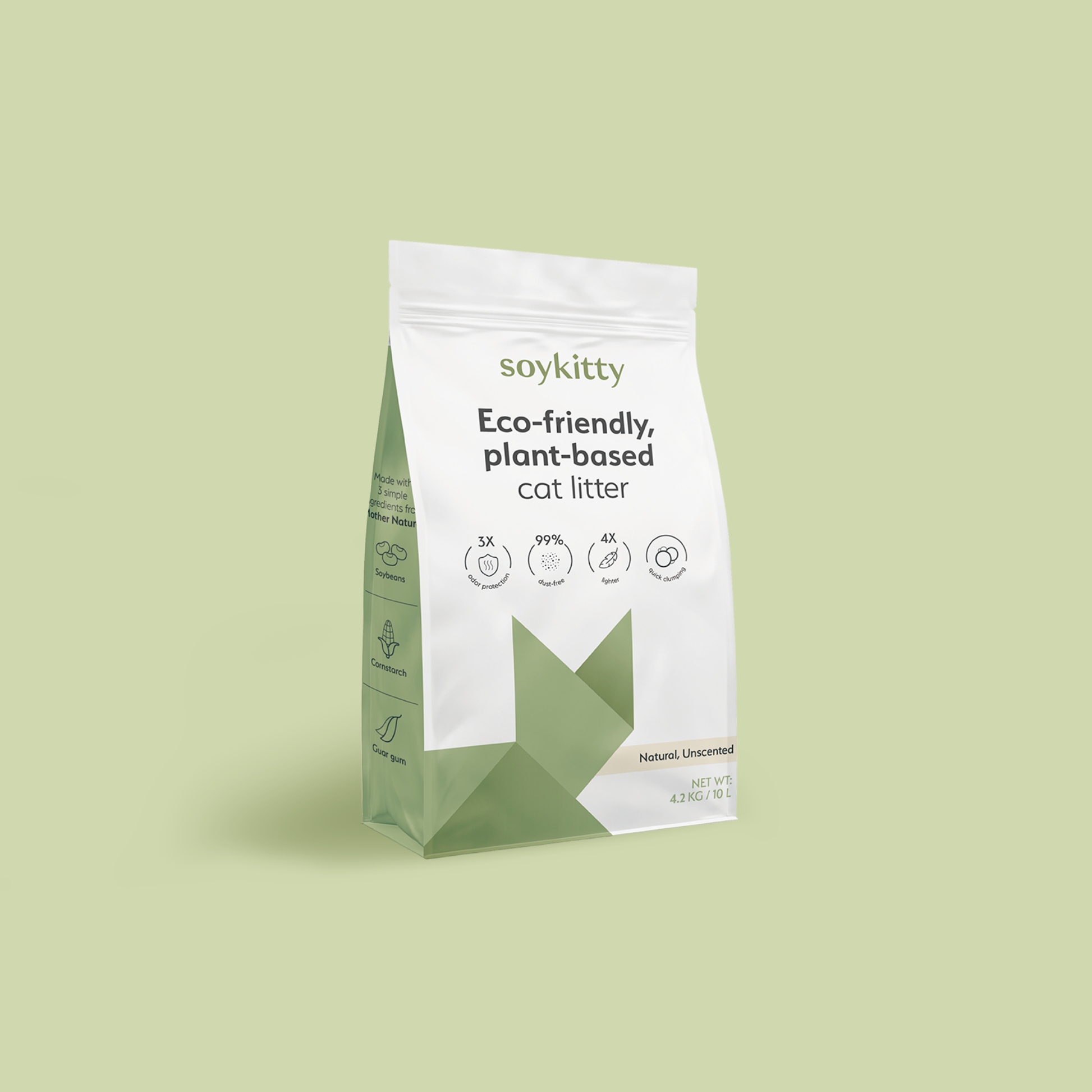 Package of soykitty eco-friendly plant-based cat litter on a light green background
