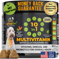 Dog multivitamin supplement container with branding and product details.