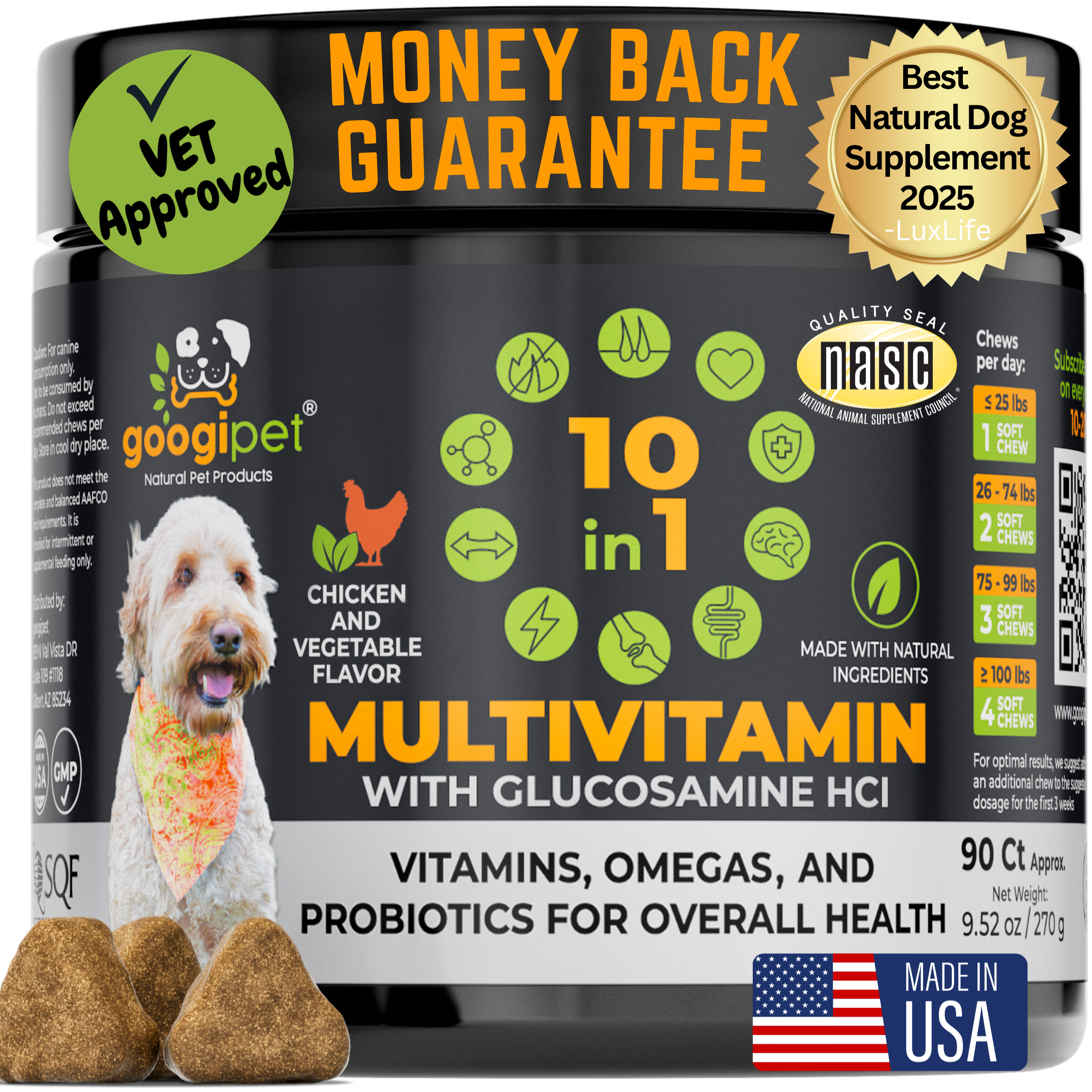 Dog multivitamin supplement container with branding and product details.