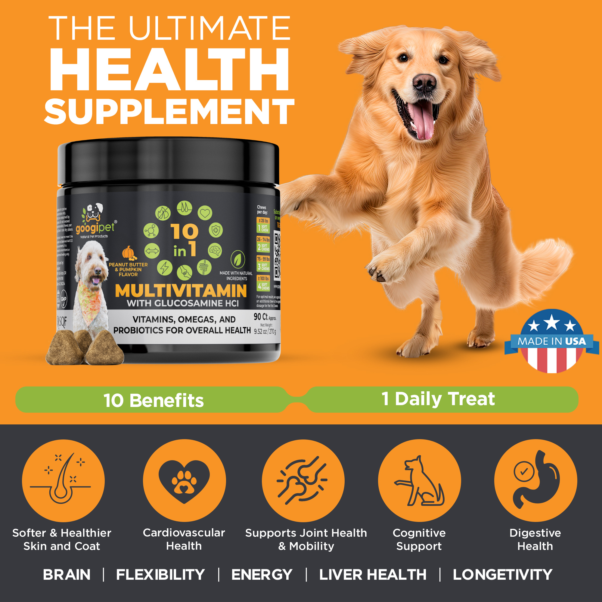 Dog multivitamin supplement with a dog on an orange background