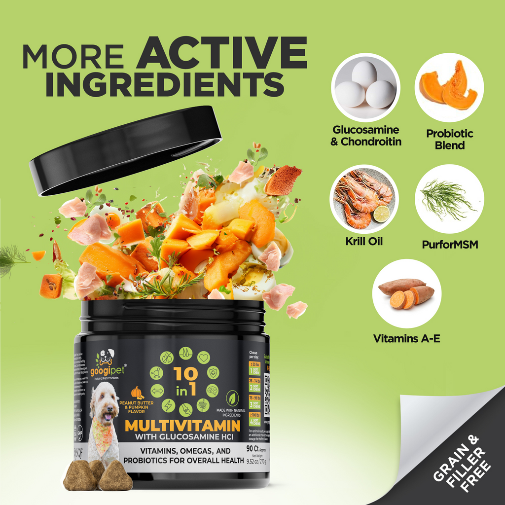 Dog supplement container with visible ingredients on a green background