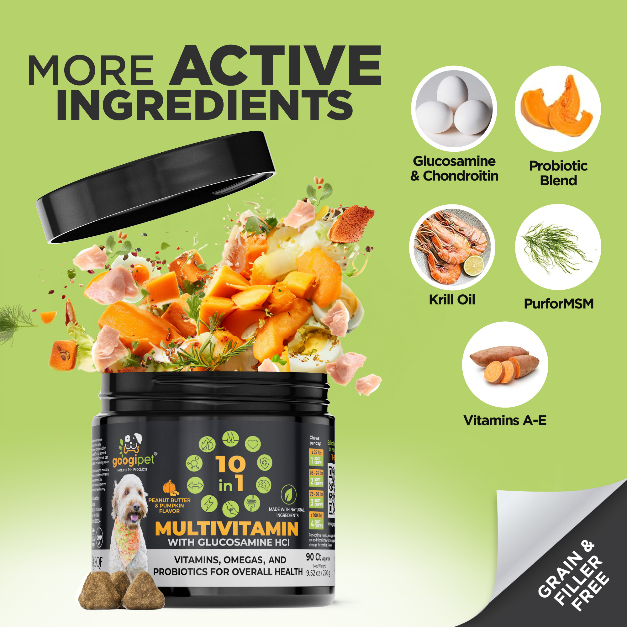 Dog supplement container with visible ingredients on a green background