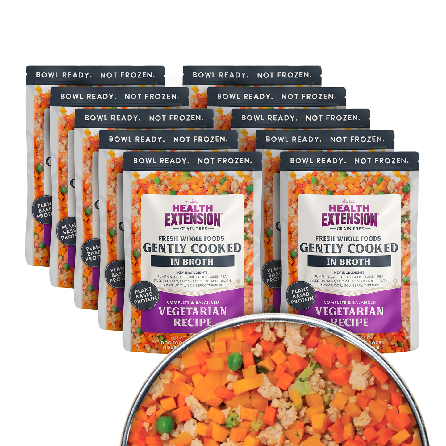 Multiple packages of Health Extension fresh whole foods with a close-up of a bowl of food.