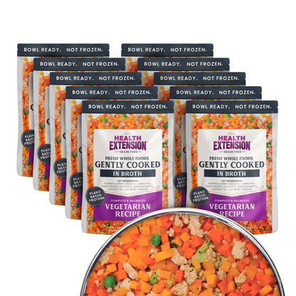 Multiple packages of Health Extension fresh whole foods with a close-up of a bowl of food.