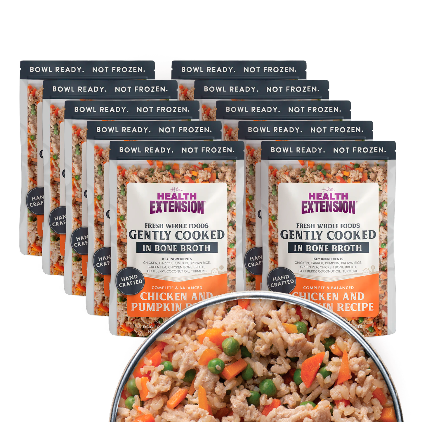 Multiple packages of Health Extension pet food with a close-up of the food inside a bowl.