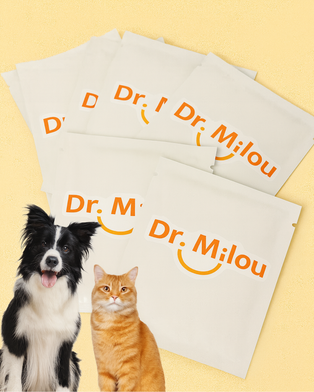 Dr. Milou pet products with a dog and cat on a yellow background