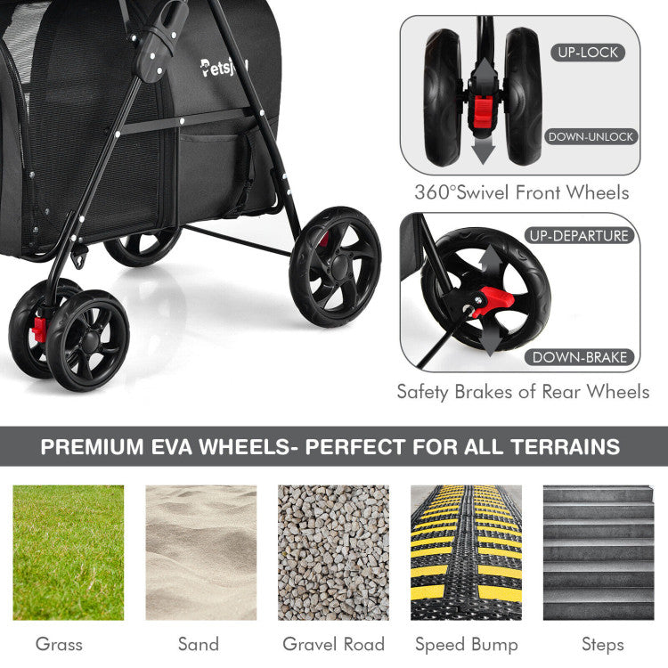 Pet stroller with highlighted wheels and text about premium EVA wheels on a white background