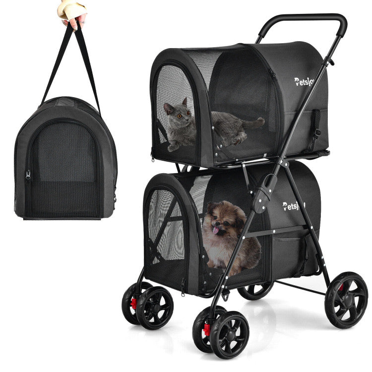 Pet stroller with wheels and a carrying case for pets, featuring two small dogs inside.