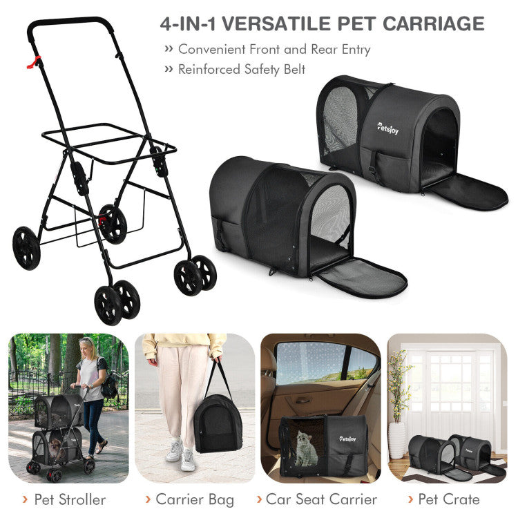 4-in-1 versatile pet carriage with stroller, carrier bag, car seat carrier, and pet crate on a white background.