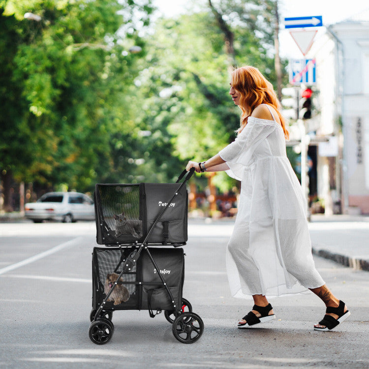 Woman pushing a pet stroller on a city street