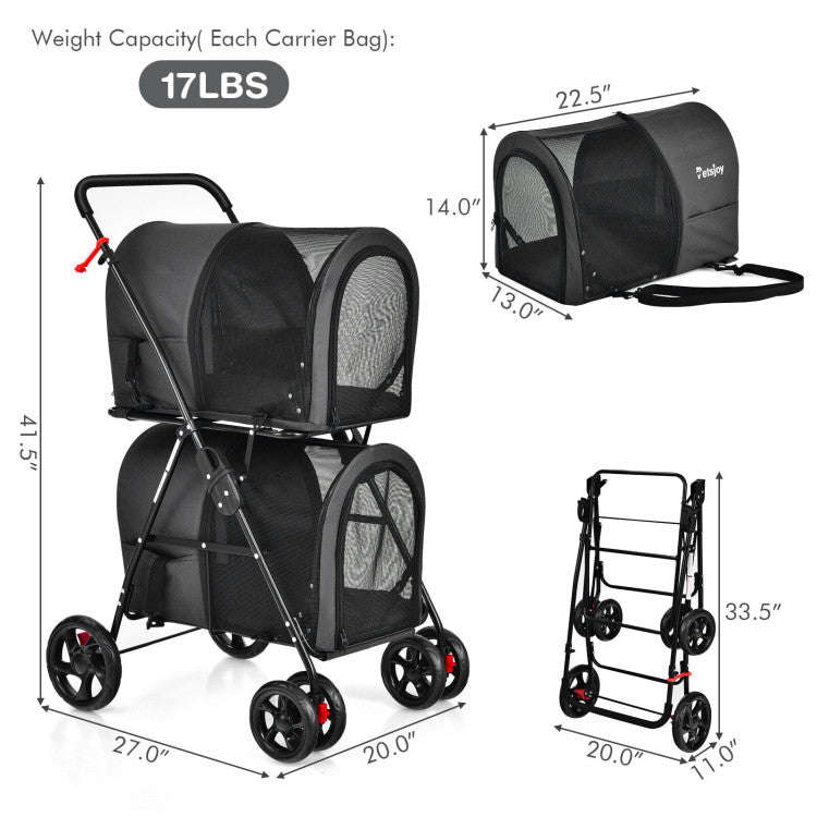 Pet stroller with dimensions and weight capacity on a white background