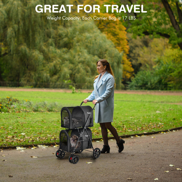 Woman pushing a pet stroller with a dog in it, walking on a path in a park.
