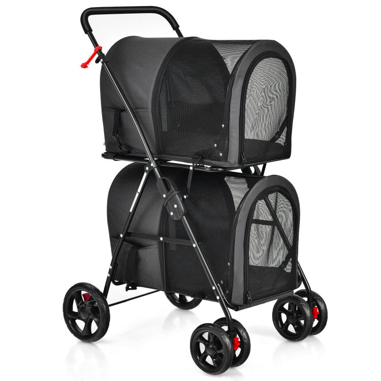Black pet stroller with mesh sides on a white background