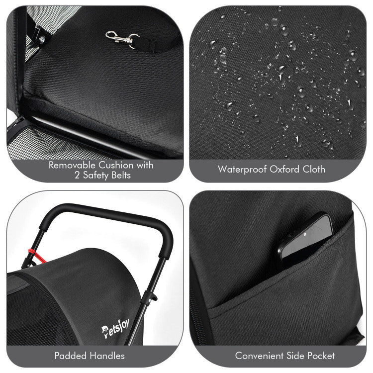 Collage of features including a removable cushion with safety belts, waterproof fabric, padded handles, and a side pocket on a black stroller.