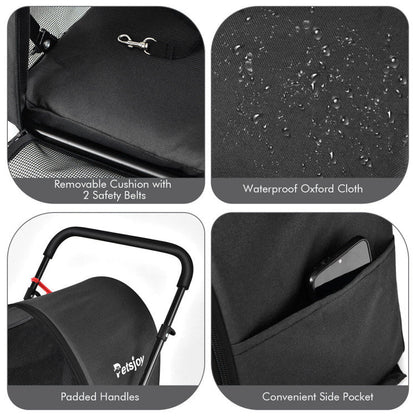 Collage of features including a removable cushion with safety belts, waterproof fabric, padded handles, and a side pocket on a black stroller.