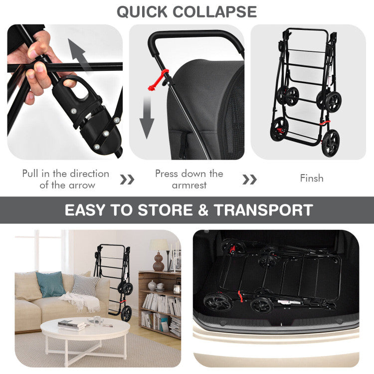 Instructions on how to quickly collapse a black stroller with images of the process and text indicating ease of storage and transport.