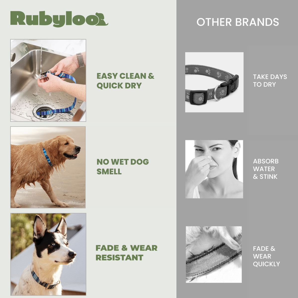 Comparison of Rubyloo dog collars with other brands on a white background