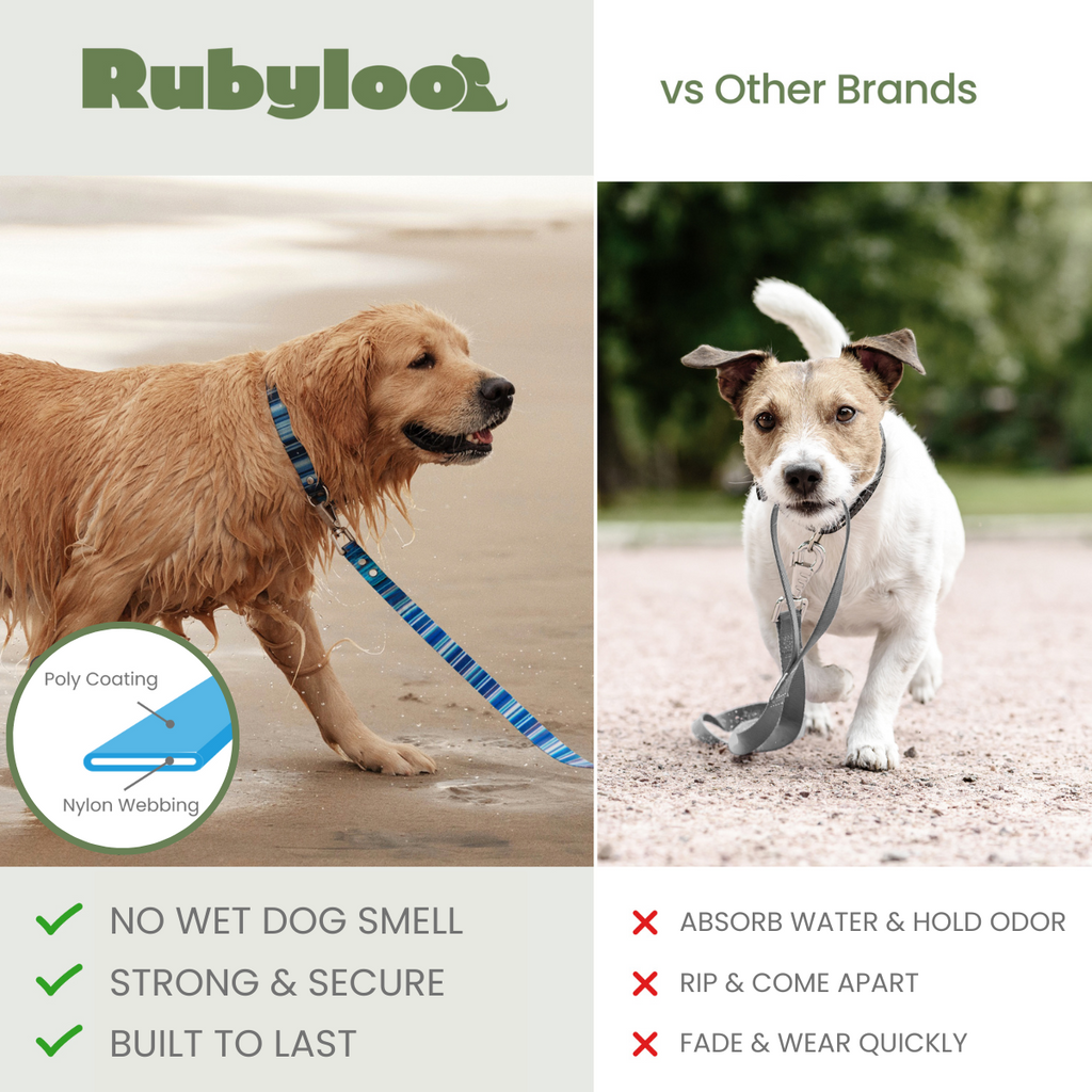 Comparison of Rubyloo dog leashes with other brands on a split-screen layout.