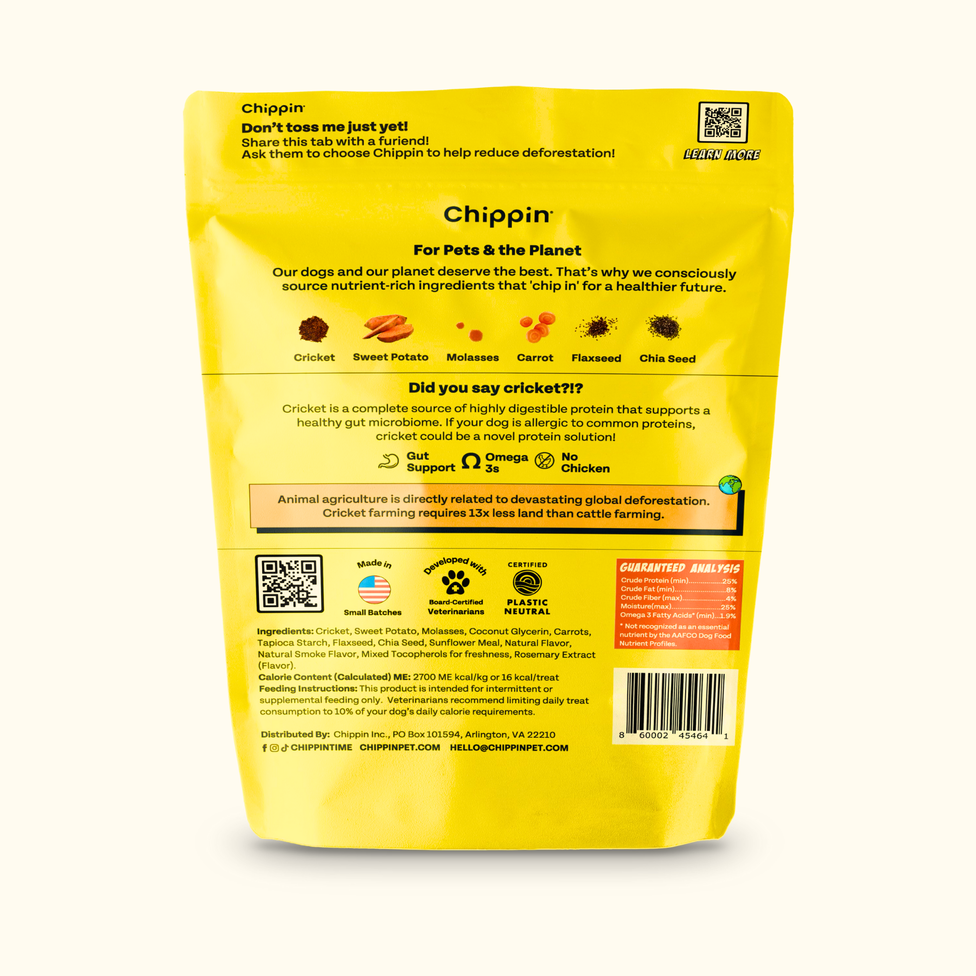 Yellow package of Chippin dog food with text and QR code on a white background