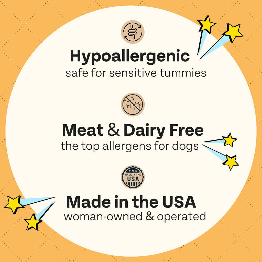 Product label with hypoallergenic, meat & dairy free, and made in the USA claims on a yellow background.