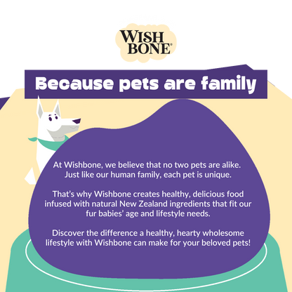 Wishbone pet food advertisement with a purple text box and cartoon dog on a yellow background