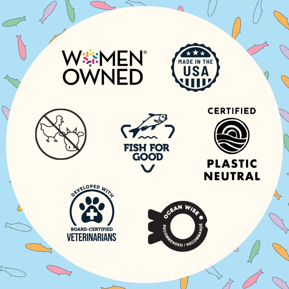 Collection of certification logos on a circular design with a blue background and fish illustrations.