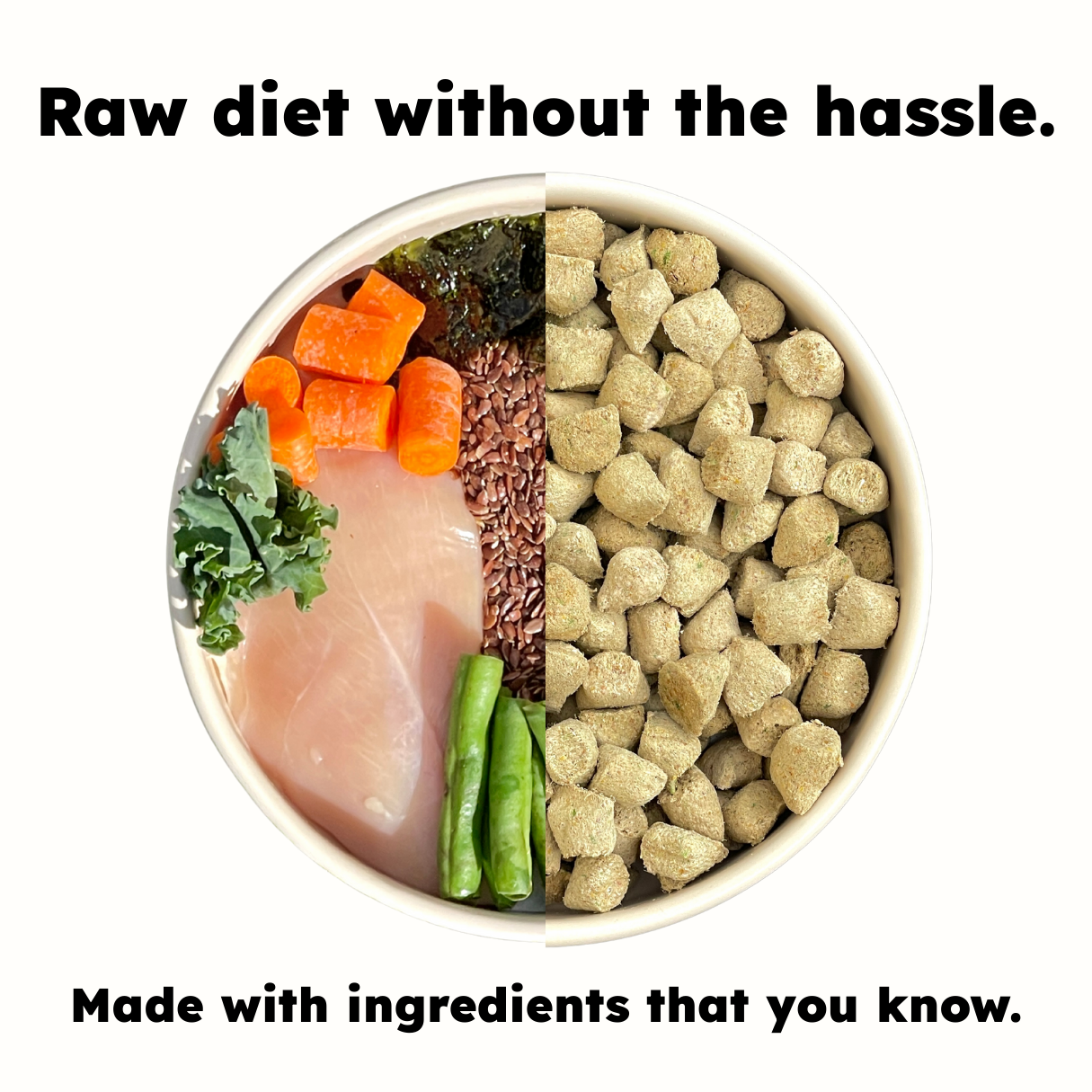  bowl with raw food ingredients and kibble, text 'Raw diet without the hassle.'