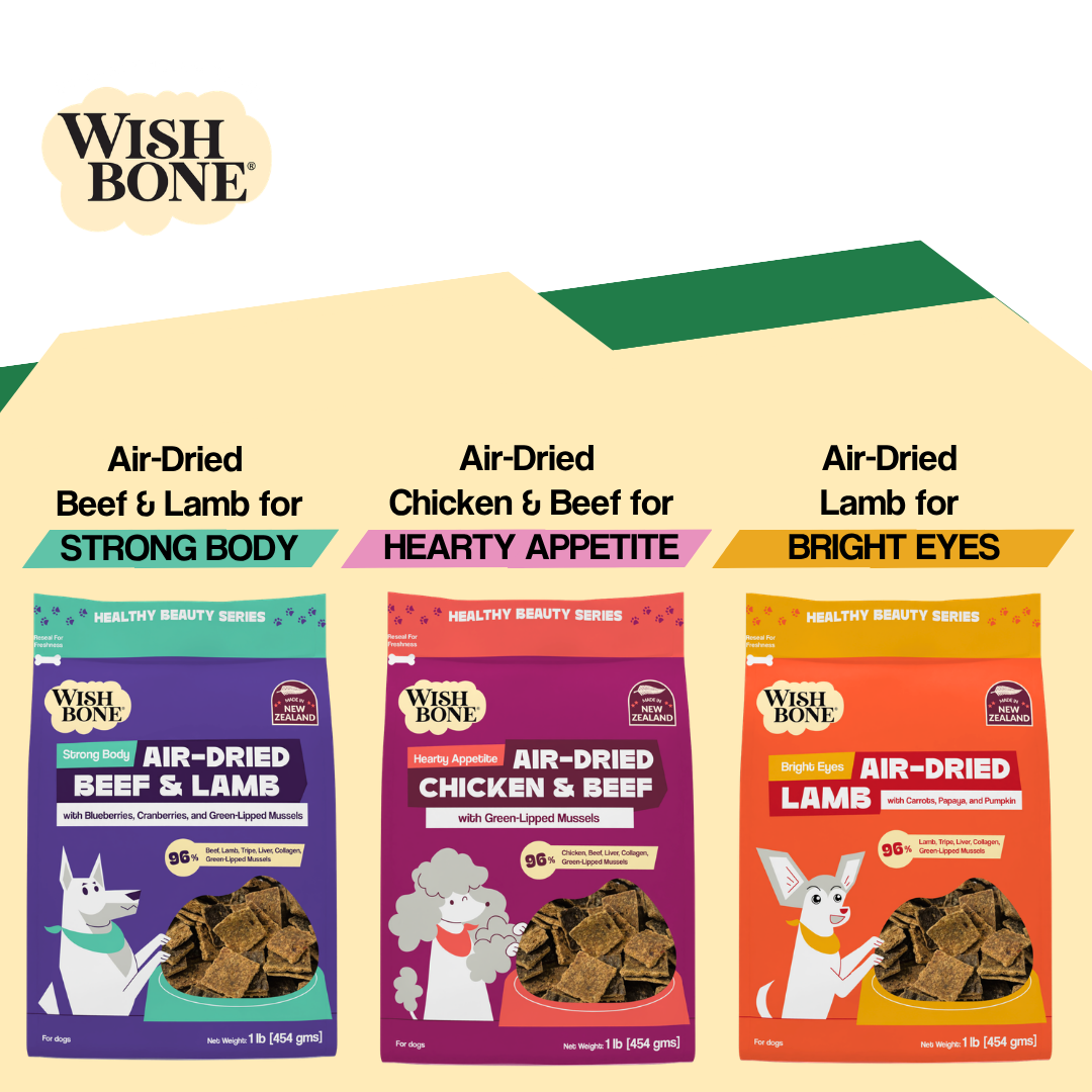 Wish Bone air-dried pet food packages for different dietary needs on a white background.