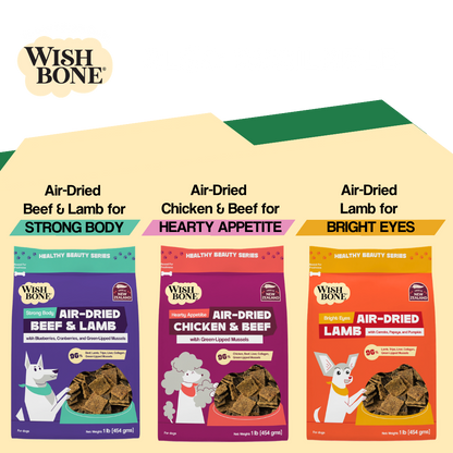 Wish Bone air-dried pet food packages for different dietary needs on a white background.