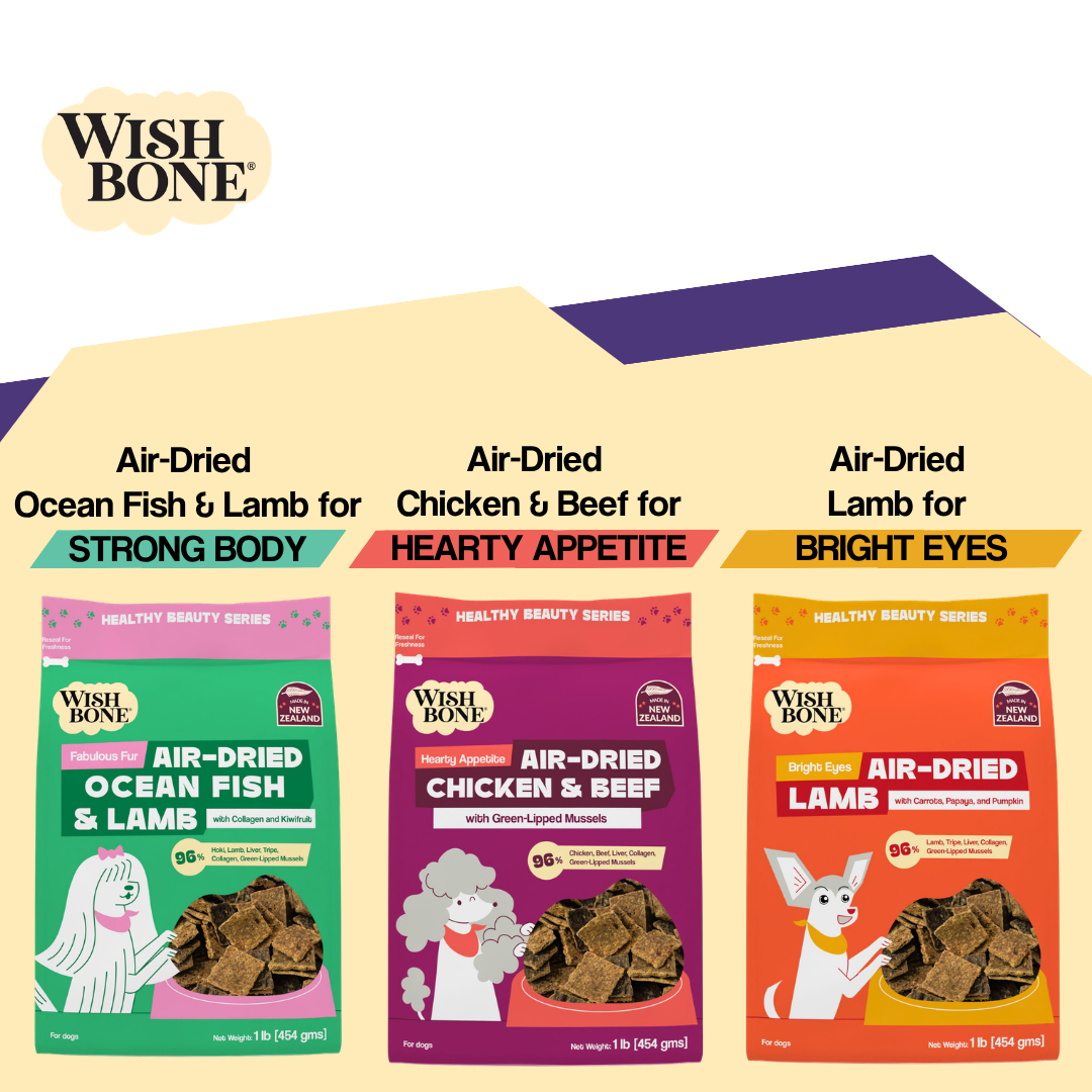 Wish Bone air-dried pet food packages for different dietary needs on a white background.
