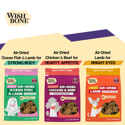 Wish Bone air-dried pet food packages for different dietary needs on a white background.