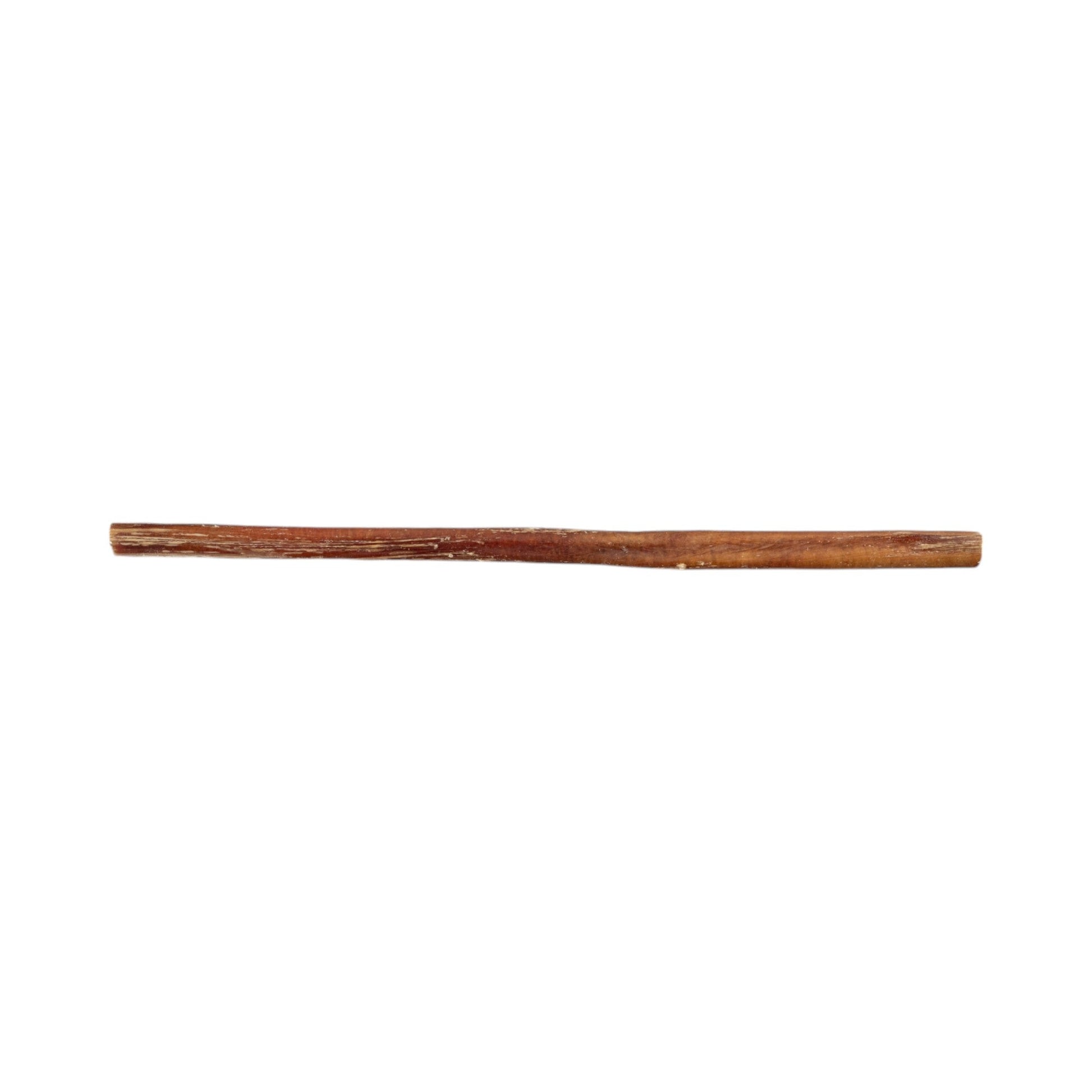 Thin 12 inch bully stick held upright to show its length against a plain background