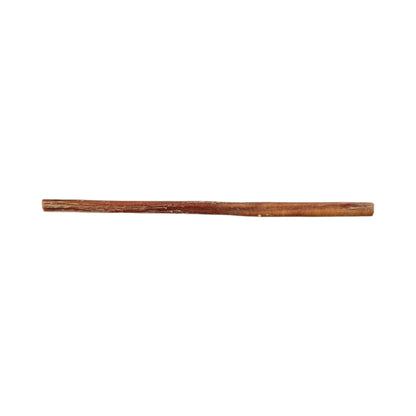 Thin 12 inch bully stick held upright to show its length against a plain background