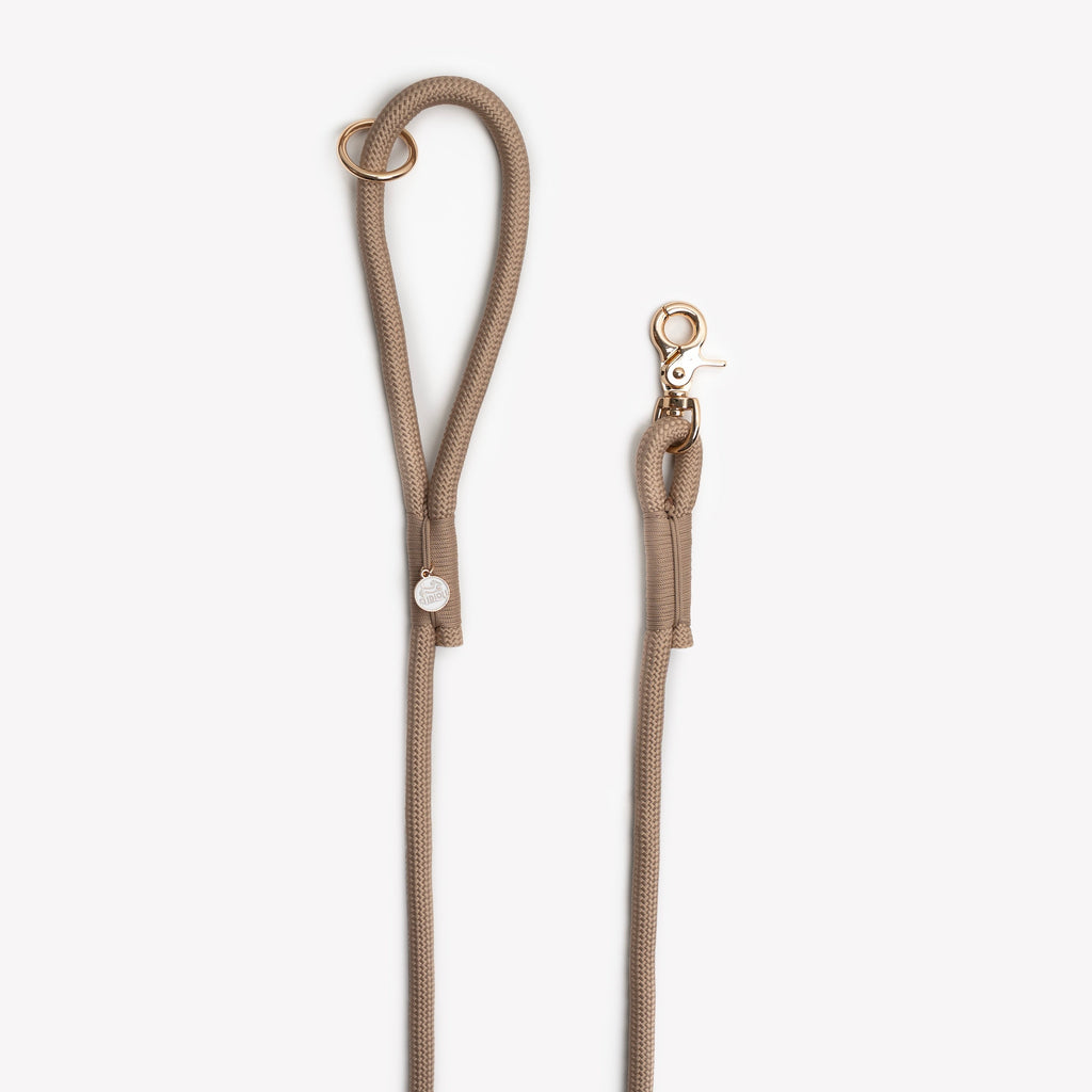Beige dog leash with gold clasp on a white background