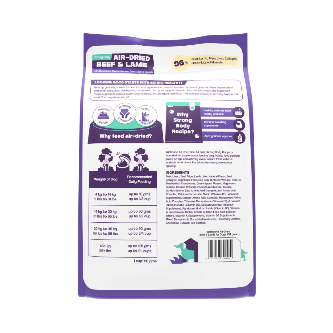Dog food package with purple and white design on a white background