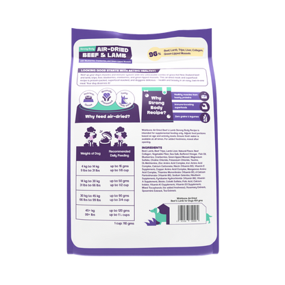 Dog food package with purple and white design on a white background