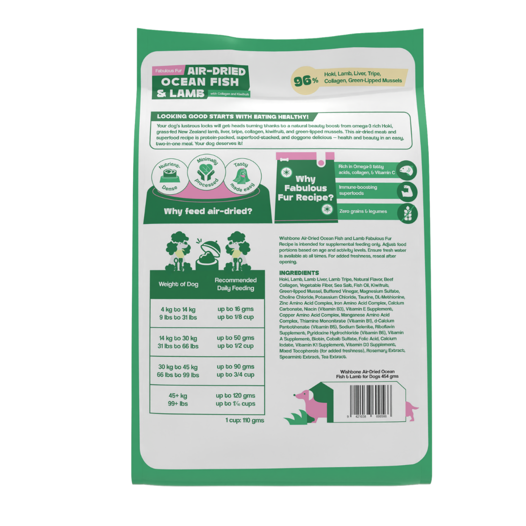 Back of a green pet food package with text and graphics on a white background