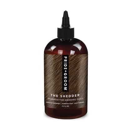 Bottle of 'The Shedder' shampoo for shedding dogs by Pride Groom on a white background