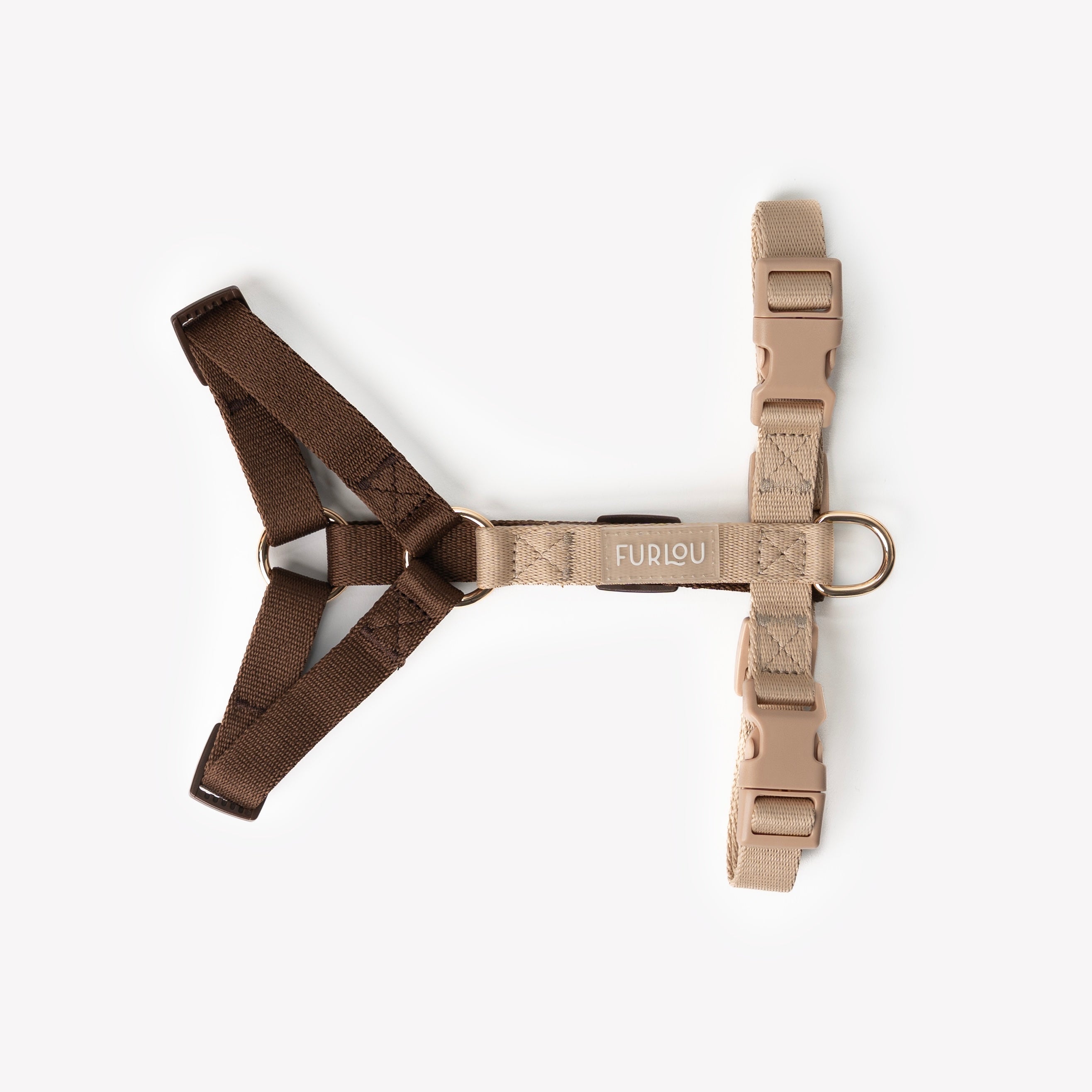 Brown and beige dog harness on a white background