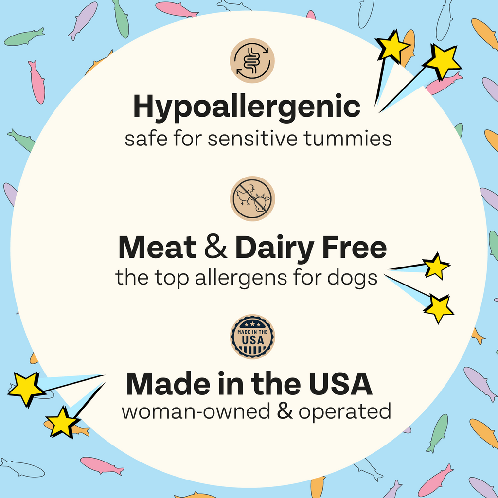 Product label with hypoallergenic, meat & dairy free, and made in the USA text on a colorful background.