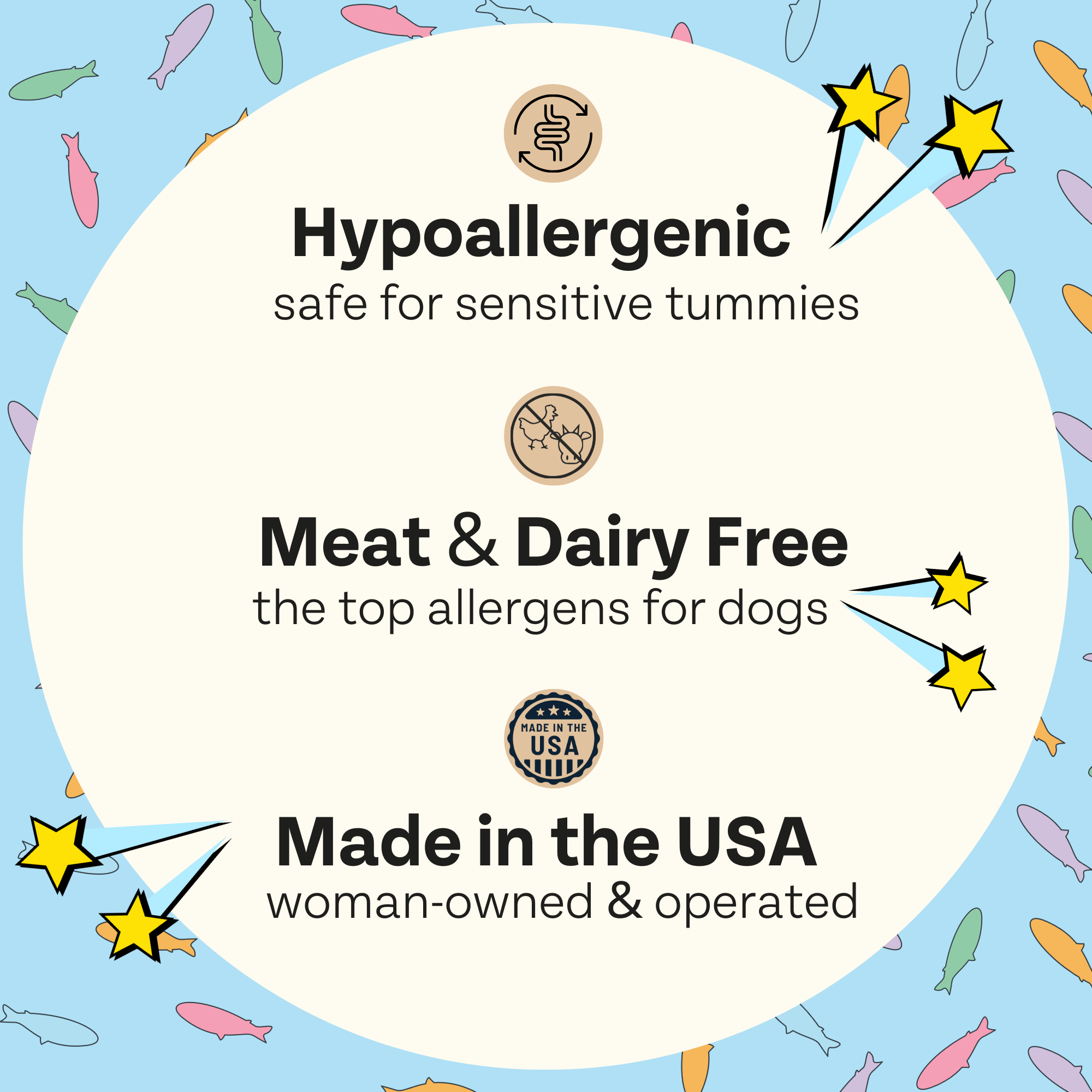 Product label with hypoallergenic, meat & dairy free, and made in the USA text on a colorful background.