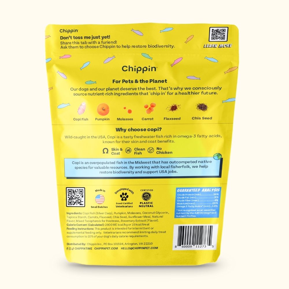 Yellow package of Chippin dog food with text and QR code on a white background