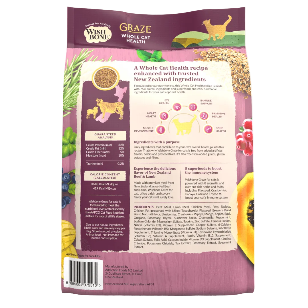 Graze Whole Cat Health cat food package with ingredients and nutritional information on a white background