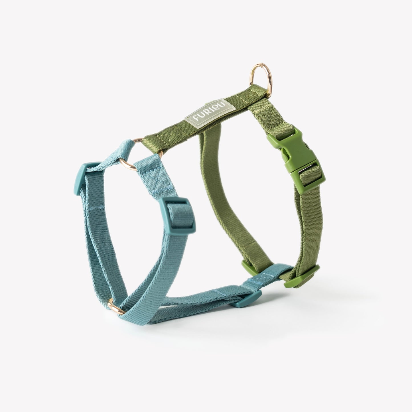 FURLOU Blue and Green Dog Harness - 5-point adjustable with gold hardware
