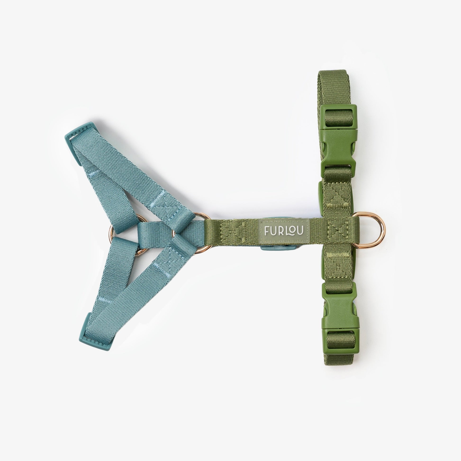 FURLOU Blue and Green Dog Harness worn by a dog, view 2