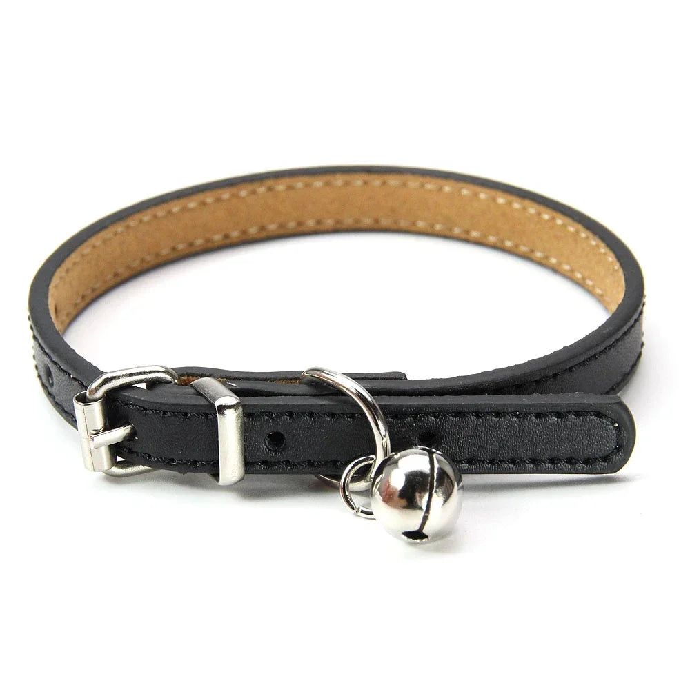 Soft Leather Cat Collar with Bell – Adjustable Kitten Accessory