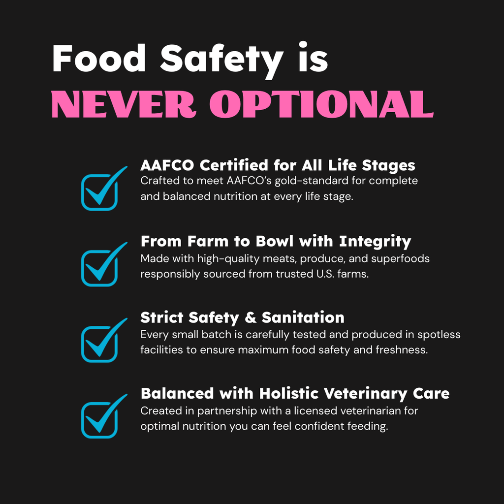 Promotional graphic emphasizing food safety and quality standards on a black background.