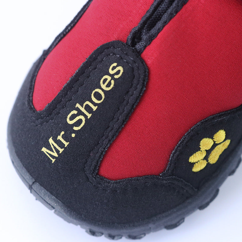 Red and black shoe with 'Mr. Shoes' branding on a white background