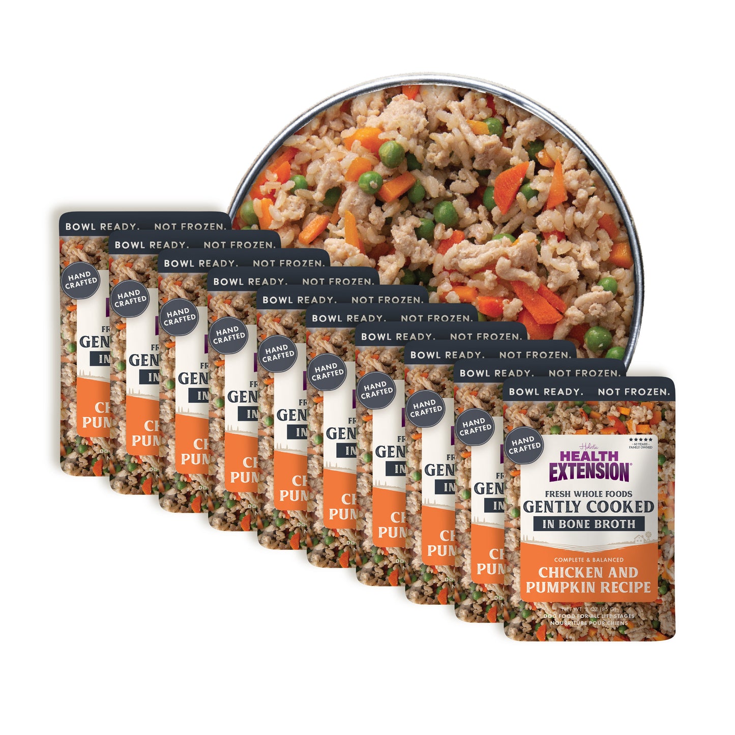Multiple packages of Health Extension dog food with a central focus on a bowl of food.