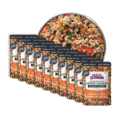 Multiple packages of Health Extension dog food with a central focus on a bowl of food.